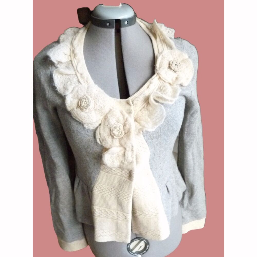 Field Flower Anthropologie Cardigan 3D Floral Ruffle Peplum Cashmere Angora L